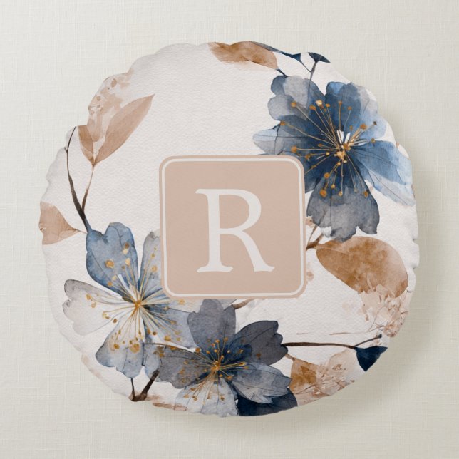 Pretty Flower Monogram Template Personalized Rond Kussen (Voorkant)