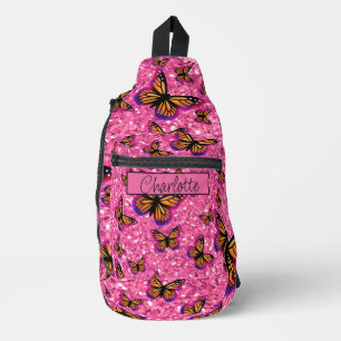 Pretty Girly Vlinders roze glitters glanzend  Sling Bag