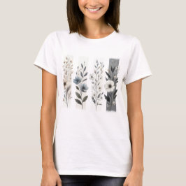 PRETTY GRAY AND WHITE PASTEL WILDFLOWERS T-SHIRT