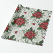 Pretty Green Toile Red Christmas Flower Pattern Cadeaupapier (Uitgerold)