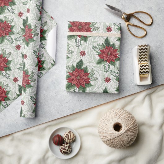 Pretty Green Toile Red Christmas Flower Pattern Cadeaupapier (Crafts)