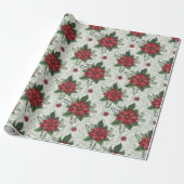 Pretty Green Toile Red Christmas Flower Pattern Cadeaupapier (Uitgerold)