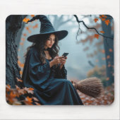 Pretty Halloween Witch Texting on a Cell Phone Muismat (Voorkant)