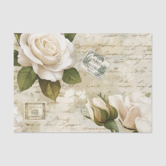 Pretty Ivory Roses with Simulated Text and Stamps Tissuepapier (Voorkant)