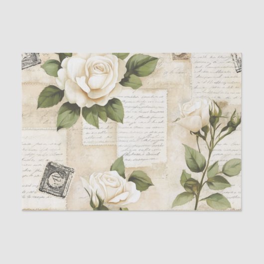 Pretty Ivory Roses with Simulated Text and Stamps Tissuepapier (Voorkant)