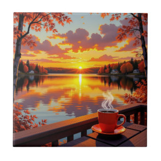 Pretty Lake Side View of a Sunrise and Warm Coffee Tegeltje