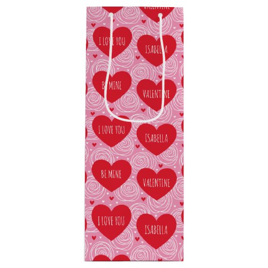 Pretty Love Heart Custom Text Modern Valentines Wijn Cadeautas (Voorkant)
