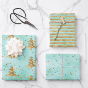 Pretty Mint Green Watercolor Gold Christmas Tree Inpakpapier Vel
