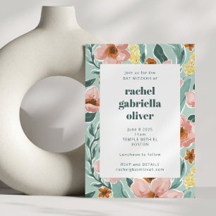 Pretty Mint Sage Blush Roze Bloemige Bat Mitzvah Kaart