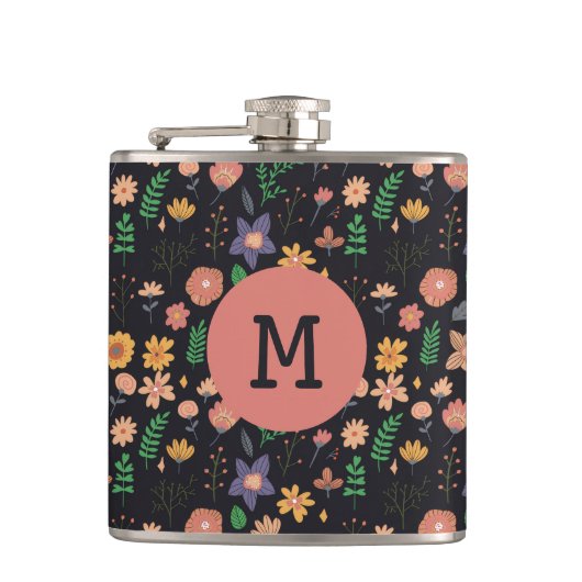 Pretty Modern Dark Floral Pattern Monogram Heupfles (Voorkant)