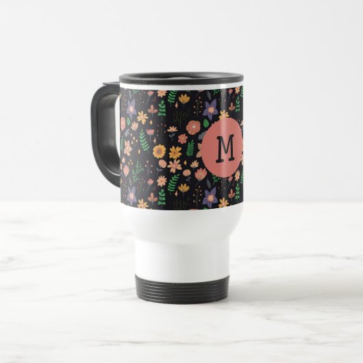 Pretty Modern Dark Floral Pattern Monogram Reisbeker (Voorkant links)