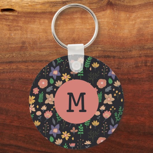 Pretty Modern Dark Floral Pattern Monogram Sleutelhanger (Achterkant)