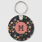 Pretty Modern Dark Floral Pattern Monogram Sleutelhanger (Achterkant)