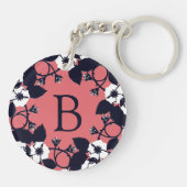 Pretty Modern Floral Coral Pink Monogram Sleutelhanger (Achterkant)
