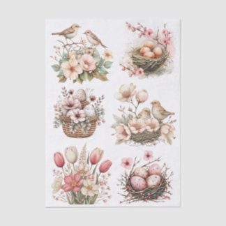 Pretty Pastel Pink Flowers, Birds, Nests and Eggs Tissuepapier