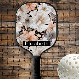 Pretty Peach and White Peony Personalized Pickleball Paddle