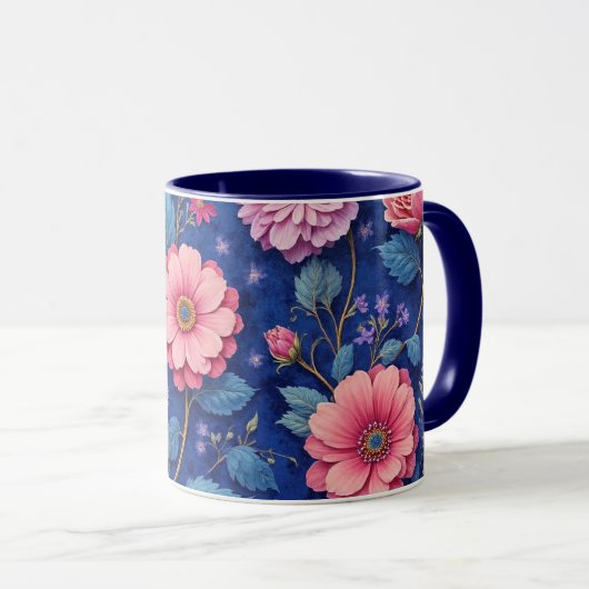 Pretty pink and blue floral pattern mok (Voorkant rechts)