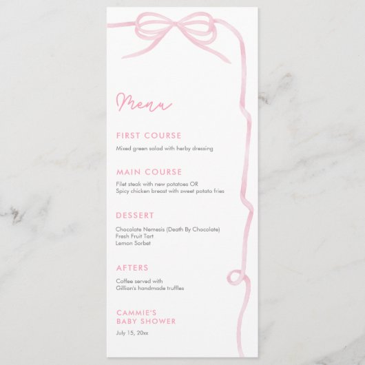 Pretty Pink Bow Baby Girl Shower Party Menu (Voorkant)
