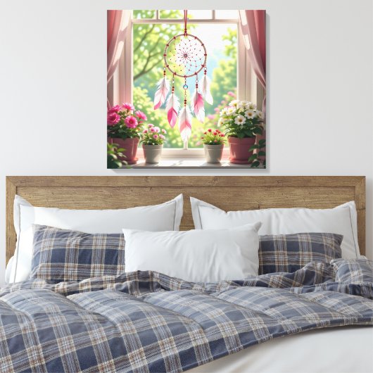 Pretty Pink Dreamcatcher and Plants Window Sill Canvas Afdruk (Insitu (Slaapkamer))