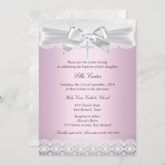 Pretty Pink Lace Cross Baptism Invitation (Devant / Derrière)