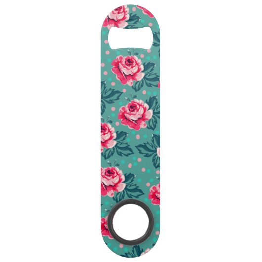 Pretty Pink Roses and Polka Dot Pattern on Teal (Dos)
