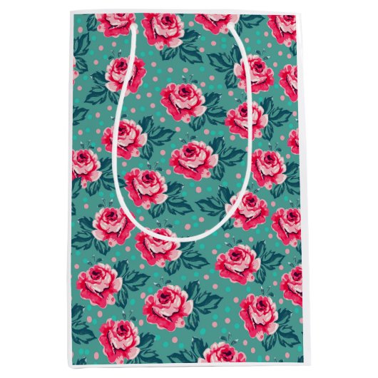 Pretty Pink Roses and Polka Dot Pattern on Teal Medium Cadeauzakje (Voorkant)