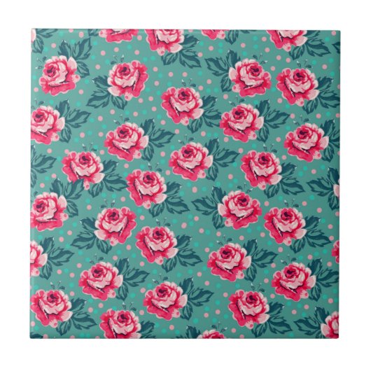Pretty Pink Roses and Polka Dot Pattern on Teal Tegeltje (Voorkant)