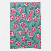Pretty Pink Roses and Polka Dot Pattern on Teal Theedoek (Verticaal)