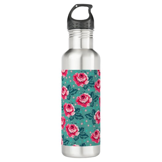 Pretty Pink Roses and Polka Dot Pattern on Teal Waterfles (Voorkant)