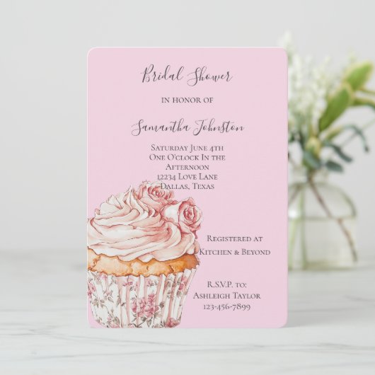 Pretty Pink Roses Floral Cupcake Bridal Shower Kaart (Staand voorkant)