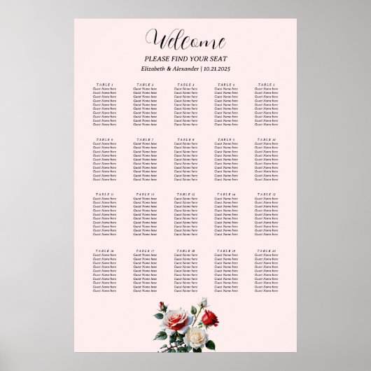 Pretty pink white red roses seating chart poster (Voorkant)