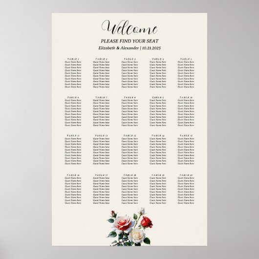 Pretty pink white red roses seating chart poster (Voorkant)