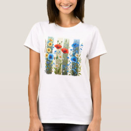PRETTY RED BLUE & YELLOW FLORAL BRUSHSTROKES T-SHIRT