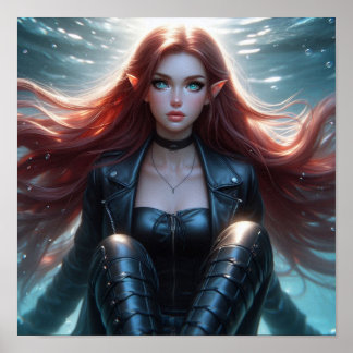 Pretty Red-Haired Elf Girl with Piercing Blue Eyes Poster
