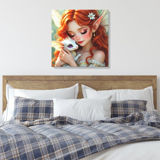 Pretty Red Haired Fairy with Dragon Canvas Afdruk (Insitu (Slaapkamer))