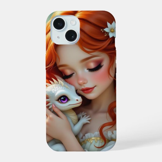 Pretty Red Haired Fairy with Dragon iPhone 15 Hoesje (Achterkant)