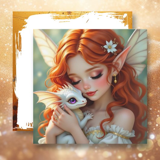 Pretty Red Haired Fairy with Dragon Kaart