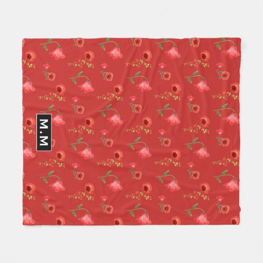Pretty Red Poppies Pattern Monogram Fleece Deken (Voorkant (Horizontaal))