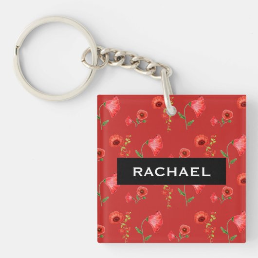 Pretty Red Poppies Pattern Personalised Sleutelhanger (Voorkant)