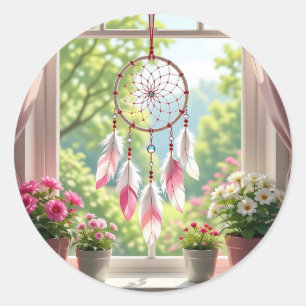 Pretty Roze Droomvanger en Planten Vensterbank Ronde Sticker