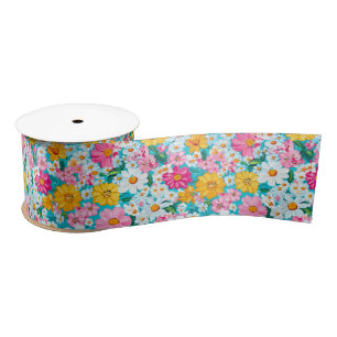 Pretty Roze en Blauwe Retro Bloemen  Lint