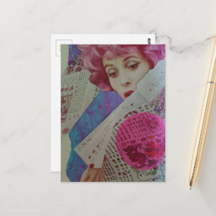 Pretty Roze Haar Retro Dame Mixed Media Collage Briefkaart