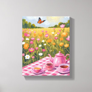 Pretty Roze Picknick   Bloemenveld Thee Vlinder Canvas Afdruk