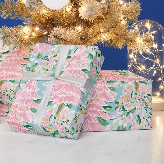 Pretty Soft Pastel Pink & Teal Pine Trees Holiday Cadeaupapier (Feestdagen)