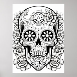 Pretty Sugar Skull Afbeelding Zwart + Wit Kunst aa Poster