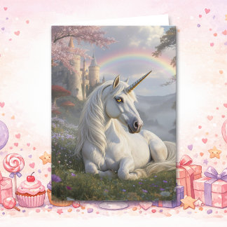 Pretty Unicorn and Fairytale Castle Birthday Kaart
