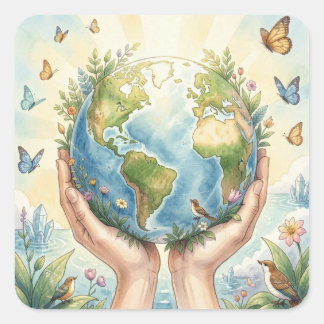 Pretty Watercolor Earth, Butterflies and Birds Vierkante Sticker