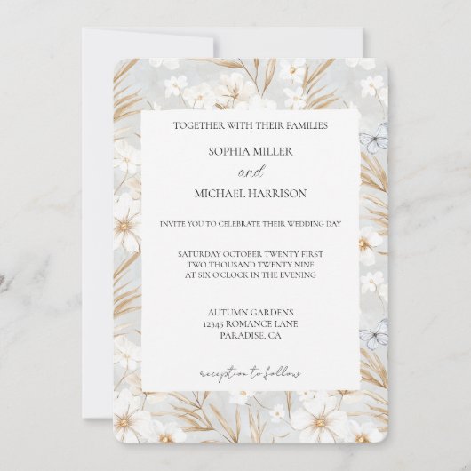 Pretty White Flowers Blue Butterflies Wedding Kaart (Voorkant)