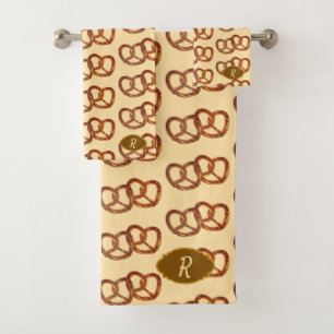 Pretzel Thema Brood Knopen: Uw initiaal / monogram Bad Handdoek