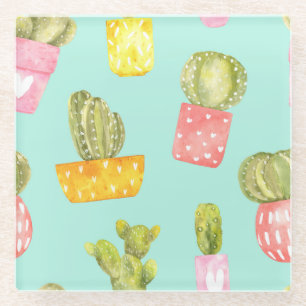 Prickly cactussen in potten, waterverf. glazen onderzetter